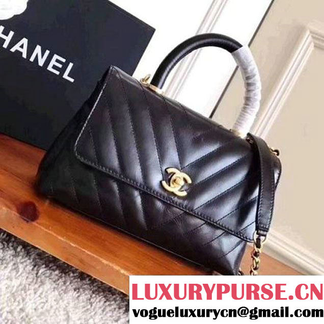 Chanel Shiny Chevron Calfskin Coco Handle Mini Bag Black 2017 (KN-7111132 )