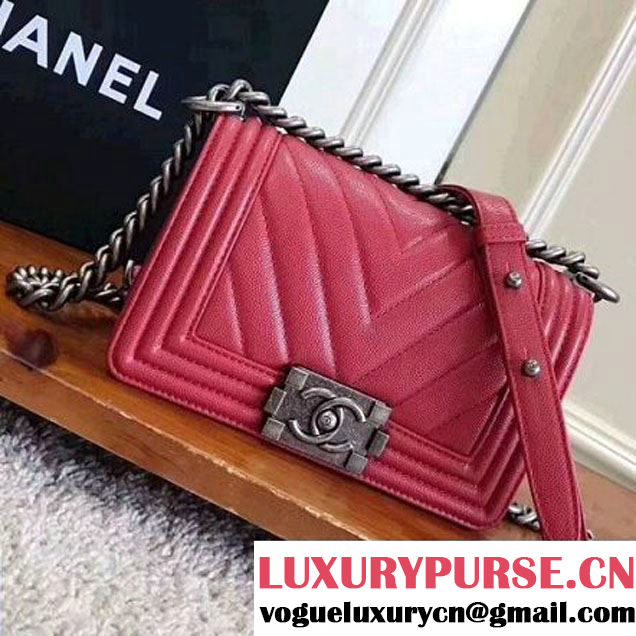 Chanel Chevron Grained Calfskin Small Boy Flap Bag Red 2017 (KN-7111032 )