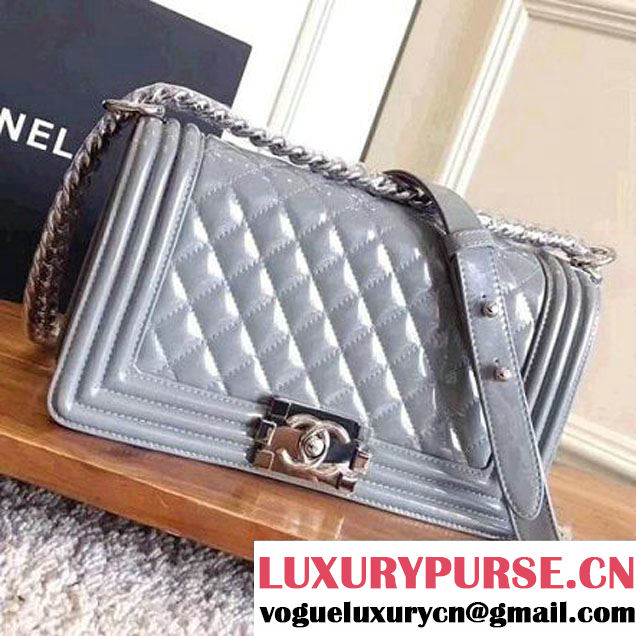 Chanel Quilting Patent Leather/Lambskin Medium Boy Flap Bag Gray 2017 (KN-7111027 )