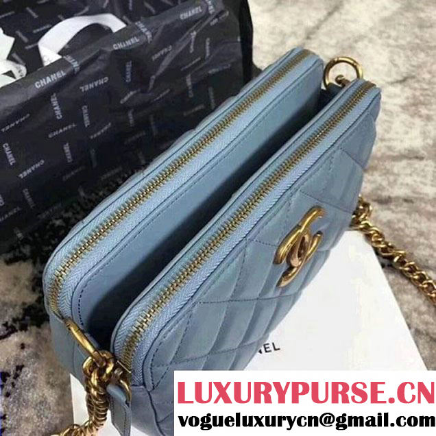 Chanel Lambskin Small Double Camera Case Bag Light Blue 2017 (KS-7121605 )