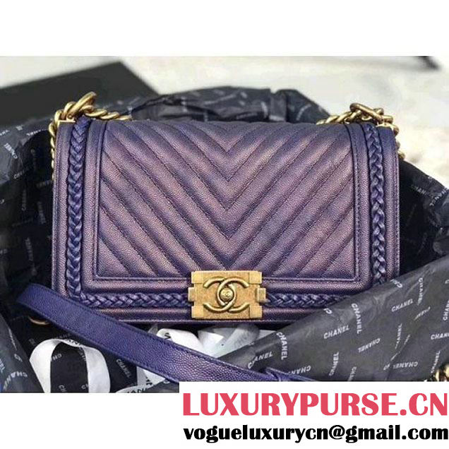 Chanel Chevron Patinated Calfskin Boy Braided Old Medium Flap Bag A67086 Navy 2018 (KS-7121609 )