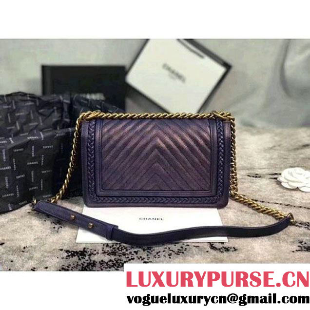 Chanel Chevron Patinated Calfskin Boy Braided Old Medium Flap Bag A67086 Navy 2018 (KS-7121609 )