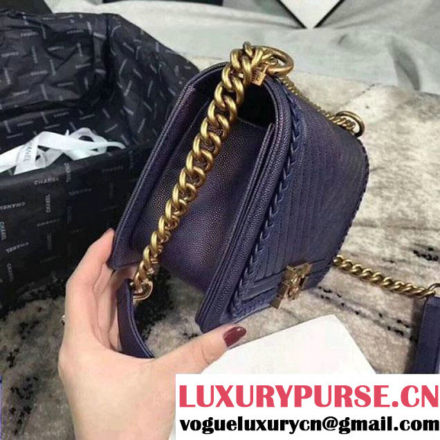 Chanel Chevron Patinated Calfskin Boy Braided Old Medium Flap Bag A67086 Navy 2018 (KS-7121609 )