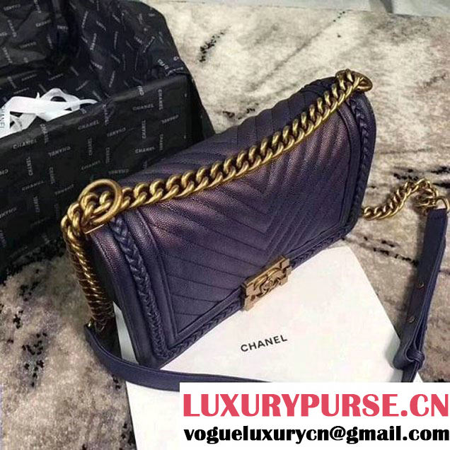Chanel Chevron Patinated Calfskin Boy Braided Old Medium Flap Bag A67086 Navy 2018 (KS-7121609 )