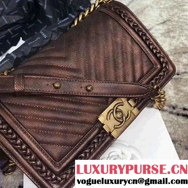 Chanel Chevron Patinated Calfskin Boy Braided Old Medium Flap Bag A67086 Brown 2018 (KS-7121608 )