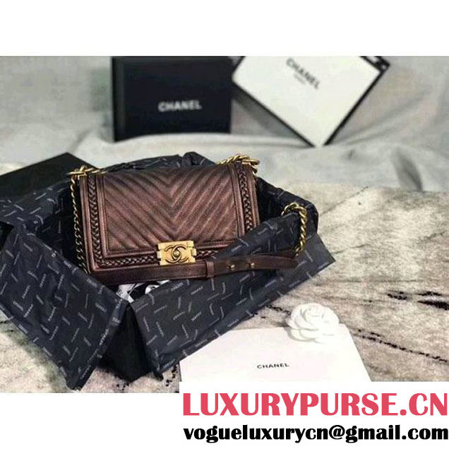 Chanel Chevron Patinated Calfskin Boy Braided Old Medium Flap Bag A67086 Brown 2018 (KS-7121608 )
