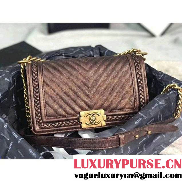 Chanel Chevron Patinated Calfskin Boy Braided Old Medium Flap Bag A67086 Brown 2018 (KS-7121608 )