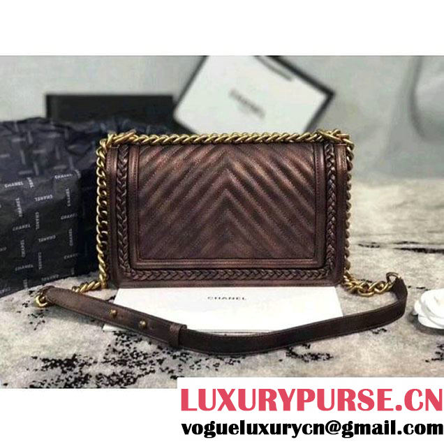 Chanel Chevron Patinated Calfskin Boy Braided Old Medium Flap Bag A67086 Brown 2018 (KS-7121608 )