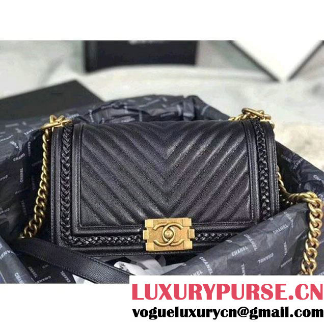 Chanel Chevron Patinated Calfskin Boy Braided Old Medium Flap Bag A67086 Black 2018 (KS-7121607 )