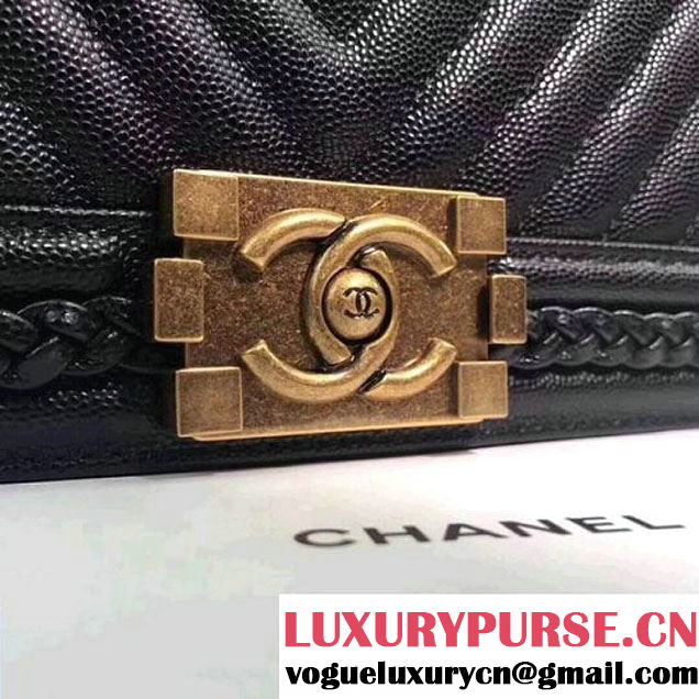 Chanel Chevron Patinated Calfskin Boy Braided Old Medium Flap Bag A67086 Black 2018 (KS-7121607 )