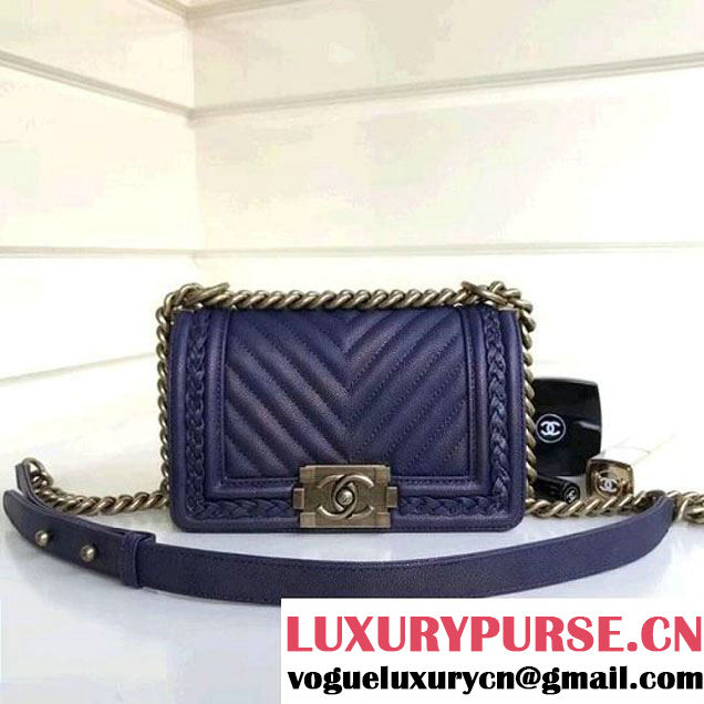 Chanel Chevron Grained Calfskin Boy Braided Small Flap Bag A67085 Navy Blue 2018 (1A111-8010228 )