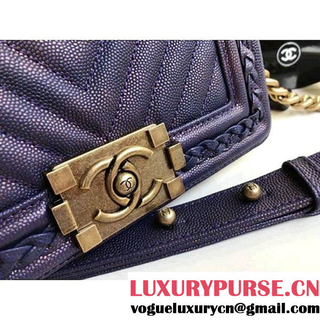 Chanel  Chevron Grained Calfskin Boy Braided Small Flap Bag A67085 Navy Blue 2018 (1A111-8010228 )