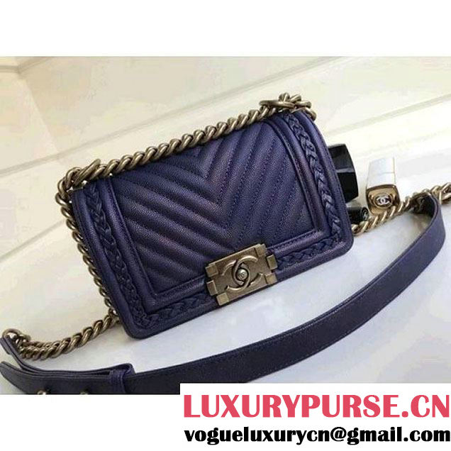 Chanel  Chevron Grained Calfskin Boy Braided Small Flap Bag A67085 Navy Blue 2018 (1A111-8010228 )