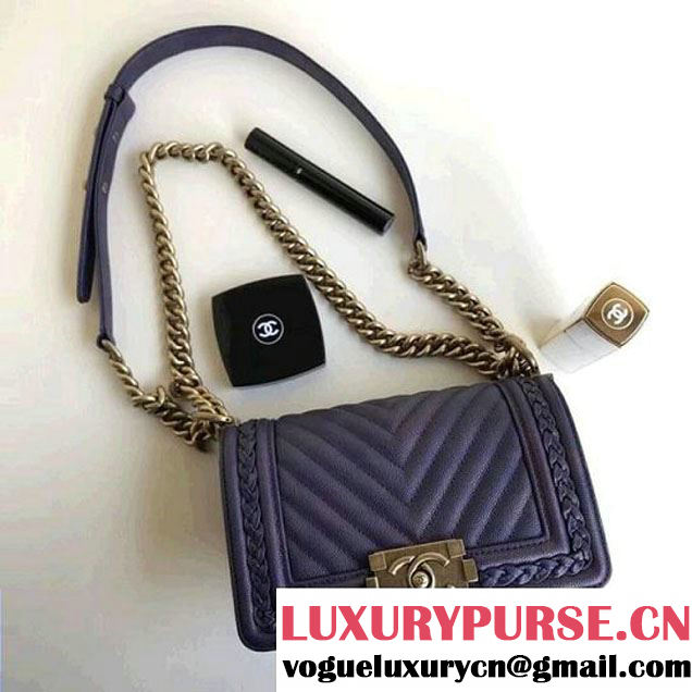 Chanel  Chevron Grained Calfskin Boy Braided Small Flap Bag A67085 Navy Blue 2018 (1A111-8010228 )