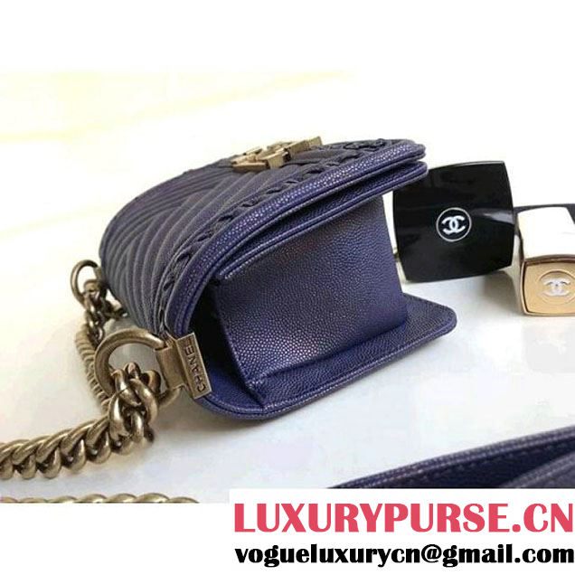 Chanel  Chevron Grained Calfskin Boy Braided Small Flap Bag A67085 Navy Blue 2018 (1A111-8010228 )