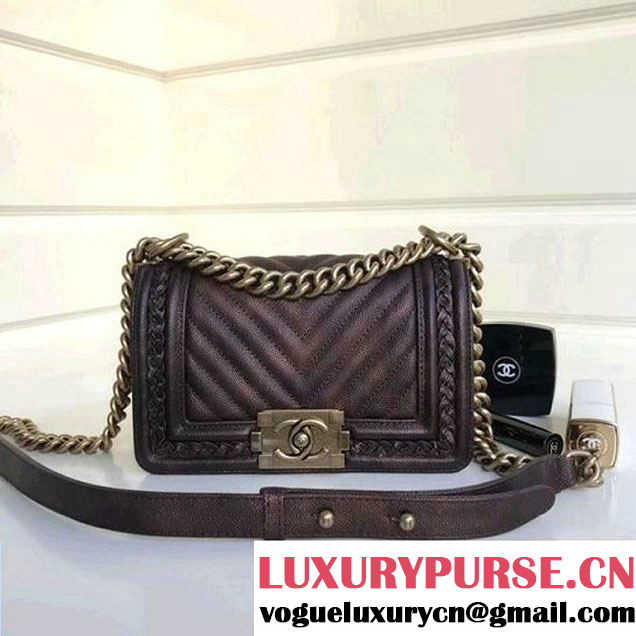 Chanel Chevron Grained Calfskin Boy Braided Small Flap Bag A67085 Brown 2018 (1A111-8010227 )