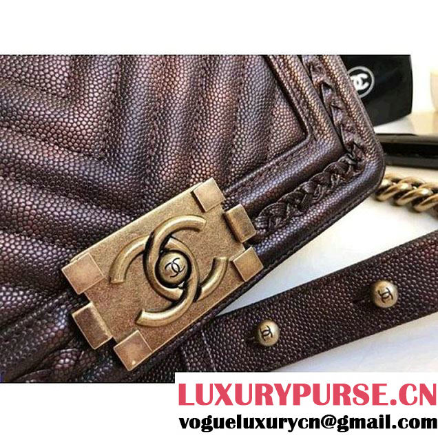 Chanel  Chevron Grained Calfskin Boy Braided Small Flap Bag A67085 Brown 2018 (1A111-8010227 )