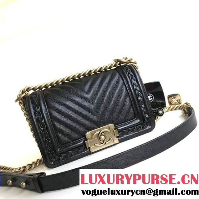 Chanel  Chevron Grained Calfskin Boy Braided Small Flap Bag A67085 Black 2018 (1A111-8010226 )