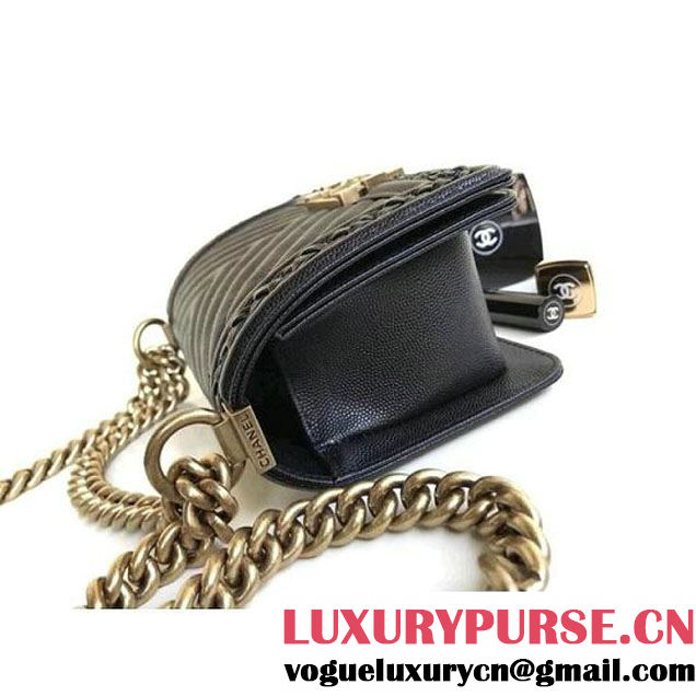 Chanel  Chevron Grained Calfskin Boy Braided Small Flap Bag A67085 Black 2018 (1A111-8010226 )