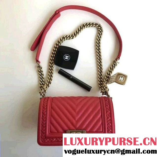 Chanel Chevron Grained Calfskin Boy Braided Small Flap Bag A67085 Red 2018 (1A111-8010225 )