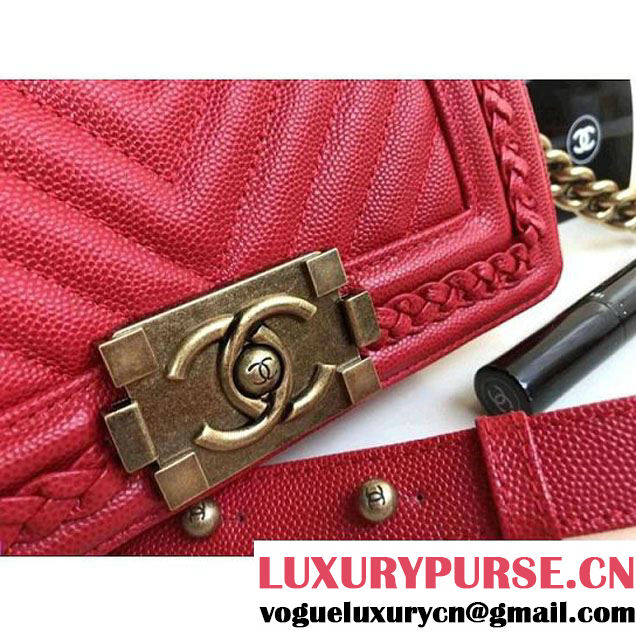 Chanel  Chevron Grained Calfskin Boy Braided Small Flap Bag A67085 Red 2018 (1A111-8010225 )