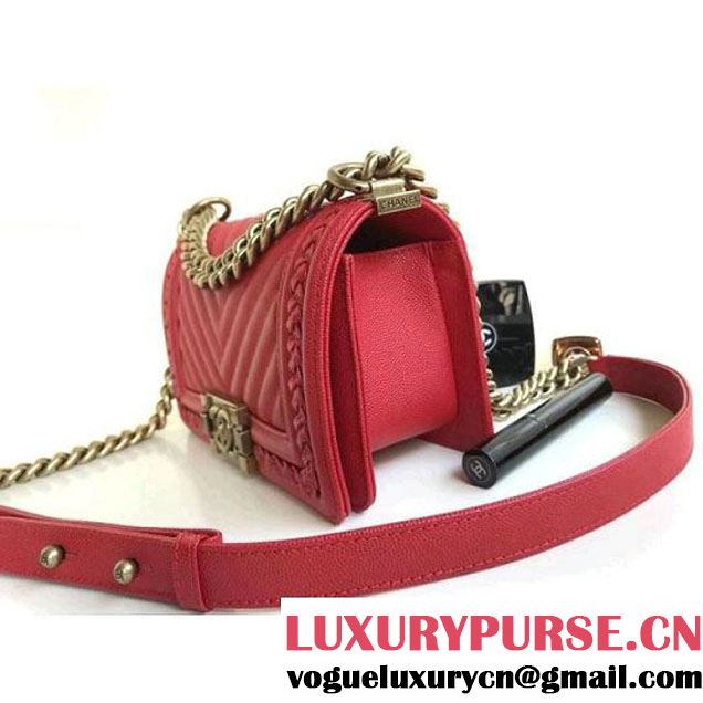 Chanel  Chevron Grained Calfskin Boy Braided Small Flap Bag A67085 Red 2018 (1A111-8010225 )