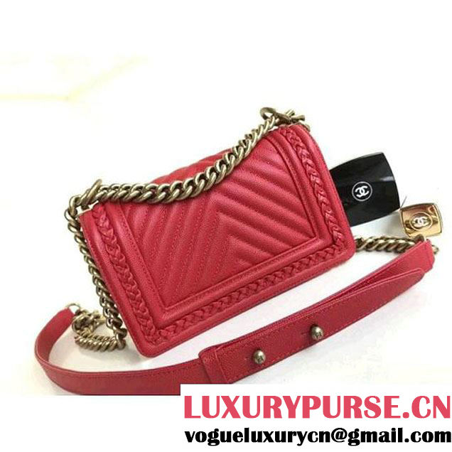 Chanel  Chevron Grained Calfskin Boy Braided Small Flap Bag A67085 Red 2018 (1A111-8010225 )