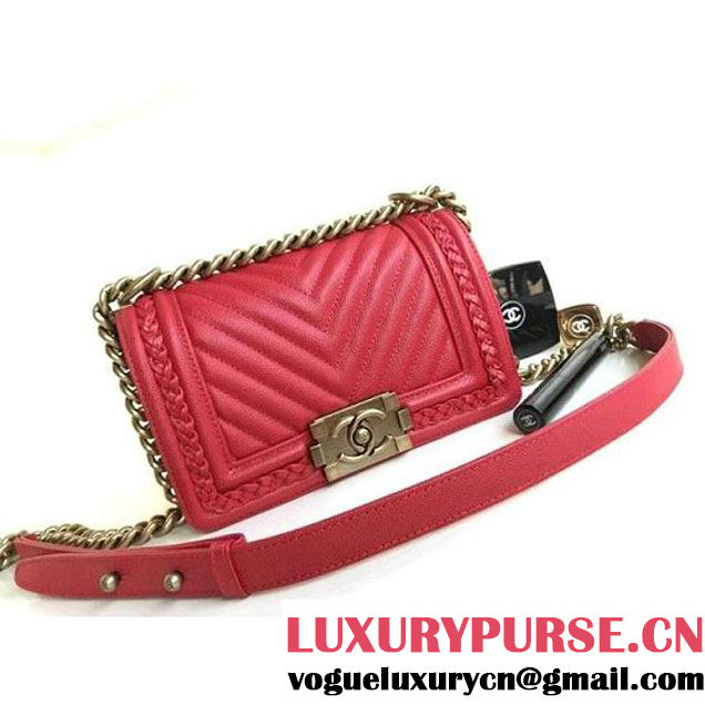 Chanel  Chevron Grained Calfskin Boy Braided Small Flap Bag A67085 Red 2018 (1A111-8010225 )