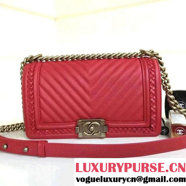 Chanel Chevron Calfskin Boy Braided Old Medium Flap Bag A67086 Red 2018 (1A111-8010224 )