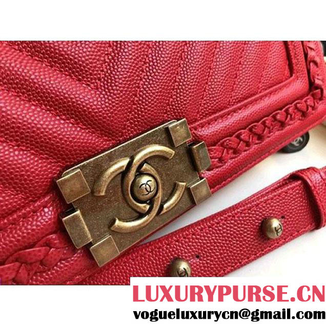 Chanel Chevron Calfskin Boy Braided Old Medium Flap Bag A67086 Red 2018 (1A111-8010224 )