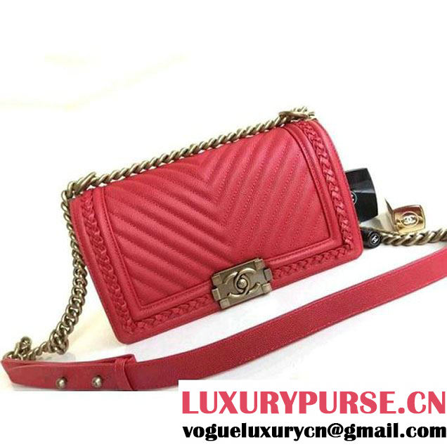 Chanel Chevron Calfskin Boy Braided Old Medium Flap Bag A67086 Red 2018 (1A111-8010224 )