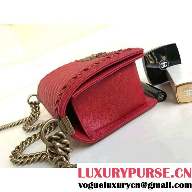 Chanel Chevron Calfskin Boy Braided Old Medium Flap Bag A67086 Red 2018 (1A111-8010224 )