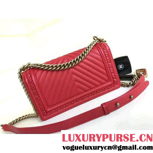 Chanel Chevron Calfskin Boy Braided Old Medium Flap Bag A67086 Red 2018 (1A111-8010224 )