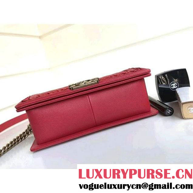 Chanel Chevron Calfskin Boy Braided Old Medium Flap Bag A67086 Red 2018 (1A111-8010224 )