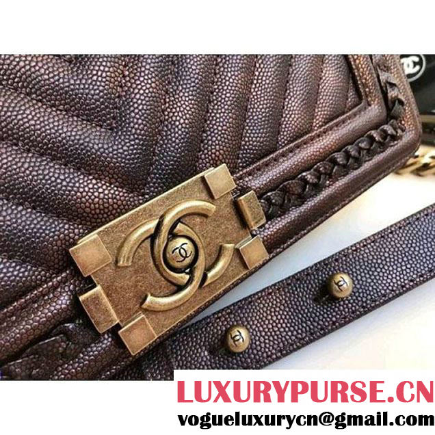 Chanel Chevron Patinated Calfskin Boy Braided Old Medium Flap Bag A67086 Dark Brown 2018 (1A111-8010223 )