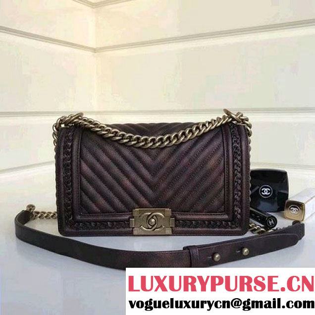 Chanel Chevron Patinated Calfskin Boy Braided Old Medium Flap Bag A67086 Dark Brown 2018 (1A111-8010223 )