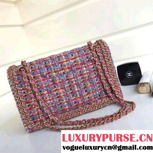 Chanel Tweed & Leather Chain Classic Flap Bag Multicolor Pink 2018 (1A111-8010222 )