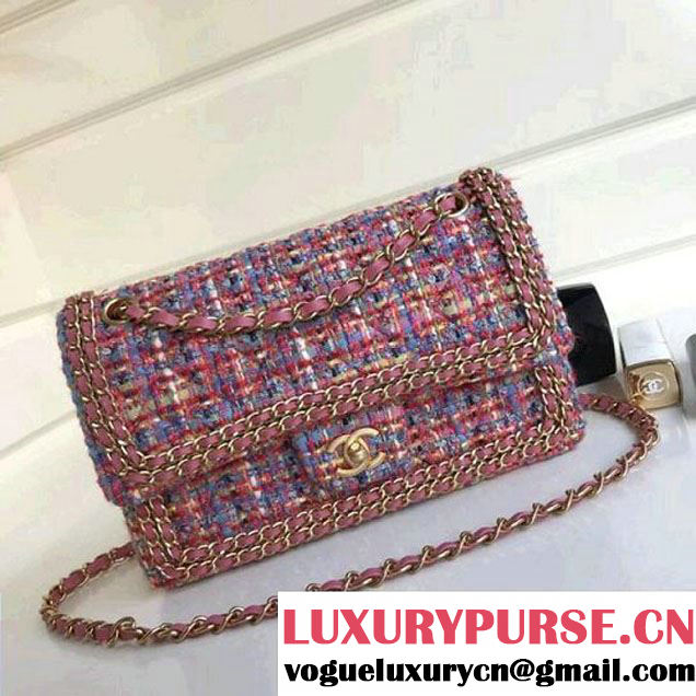 Chanel Tweed & Leather Chain Classic Flap Bag Multicolor Pink 2018 (1A111-8010222 )