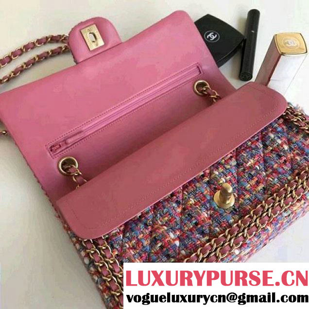 Chanel Tweed & Leather Chain Classic Flap Bag Multicolor Pink 2018 (1A111-8010222 )
