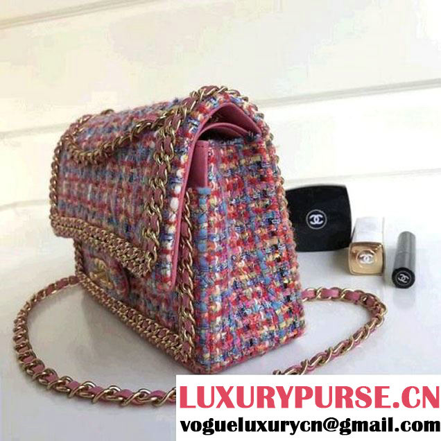 Chanel Tweed & Leather Chain Classic Flap Bag Multicolor Pink 2018 (1A111-8010222 )