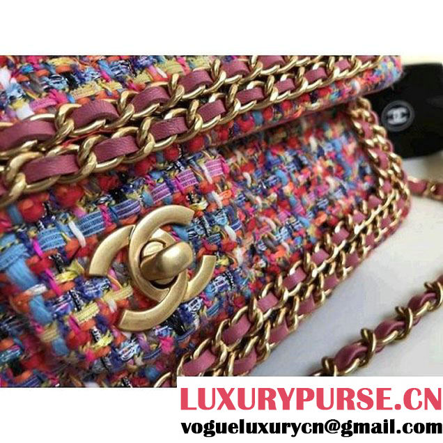 Chanel Tweed & Leather Chain Classic Flap Bag Multicolor Pink 2018 (1A111-8010222 )