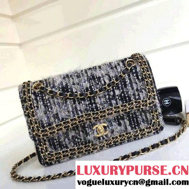 Chanel Tweed & Leather Chain Classic Flap Bag Black/White 2018 (1A111-8010221 )
