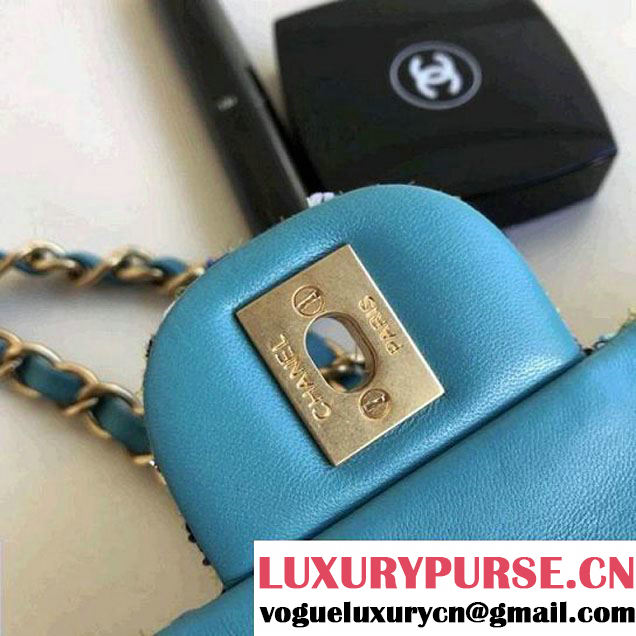 Chanel Tweed & Leather Chain Classic Flap Bag Blue/White 2018 (1A111-8010220 )