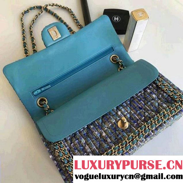 Chanel Tweed & Leather Chain Classic Flap Bag Blue/White 2018 (1A111-8010220 )