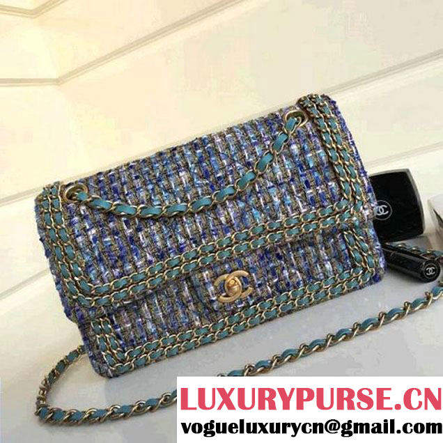 Chanel Tweed & Leather Chain Classic Flap Bag Blue/White 2018 (1A111-8010220 )