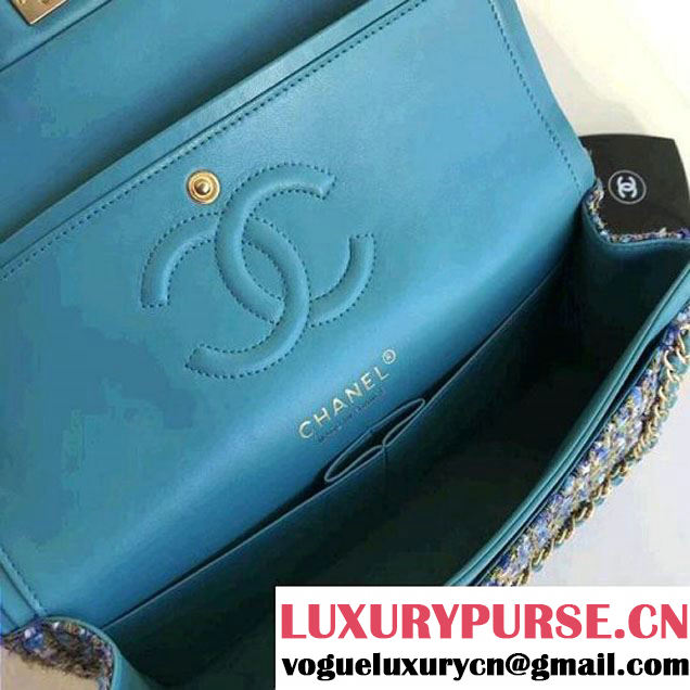 Chanel Tweed & Leather Chain Classic Flap Bag Blue/White 2018 (1A111-8010220 )