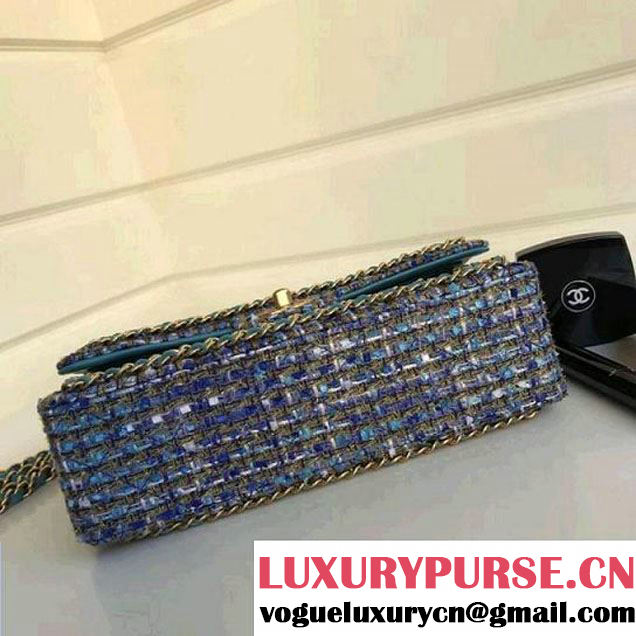 Chanel Tweed & Leather Chain Classic Flap Bag Blue/White 2018 (1A111-8010220 )