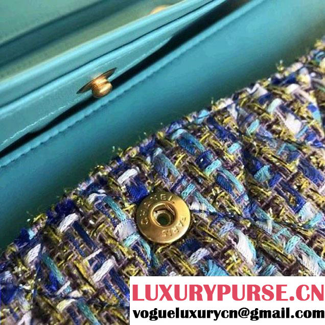 Chanel Tweed & Leather Chain Classic Flap Bag Blue/White 2018 (1A111-8010220 )