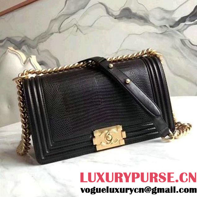 Chanel Lizard Pattern Leather Old Medium Boy Bag Black (KN-8013018 )