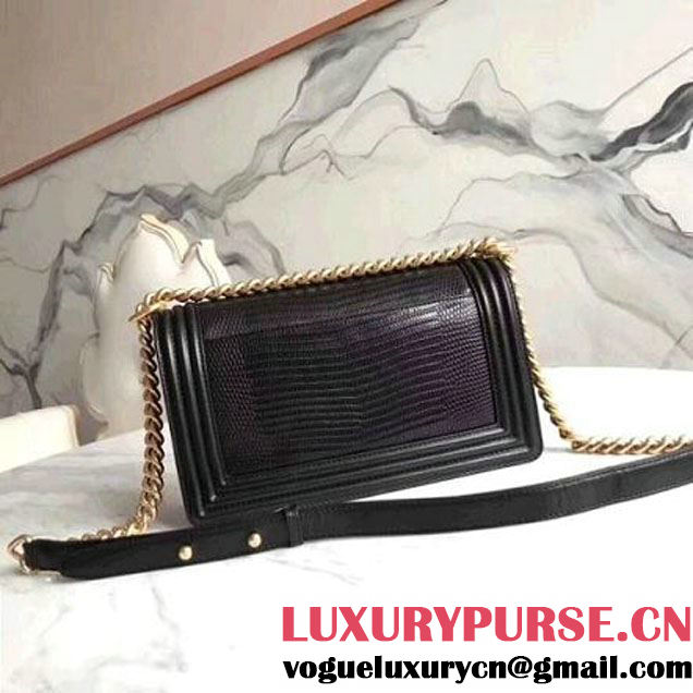 Chanel Lizard Pattern Leather Old Medium Boy Bag Black (KN-8013018 )